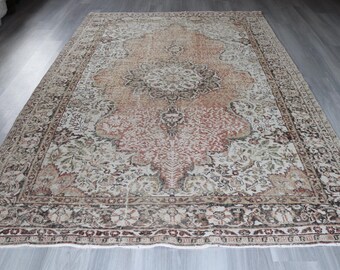 Muted Floral Medallion Low Piled Oushak Rug , Large Vintage Rug , 6'7''x10'1'' / C-6293