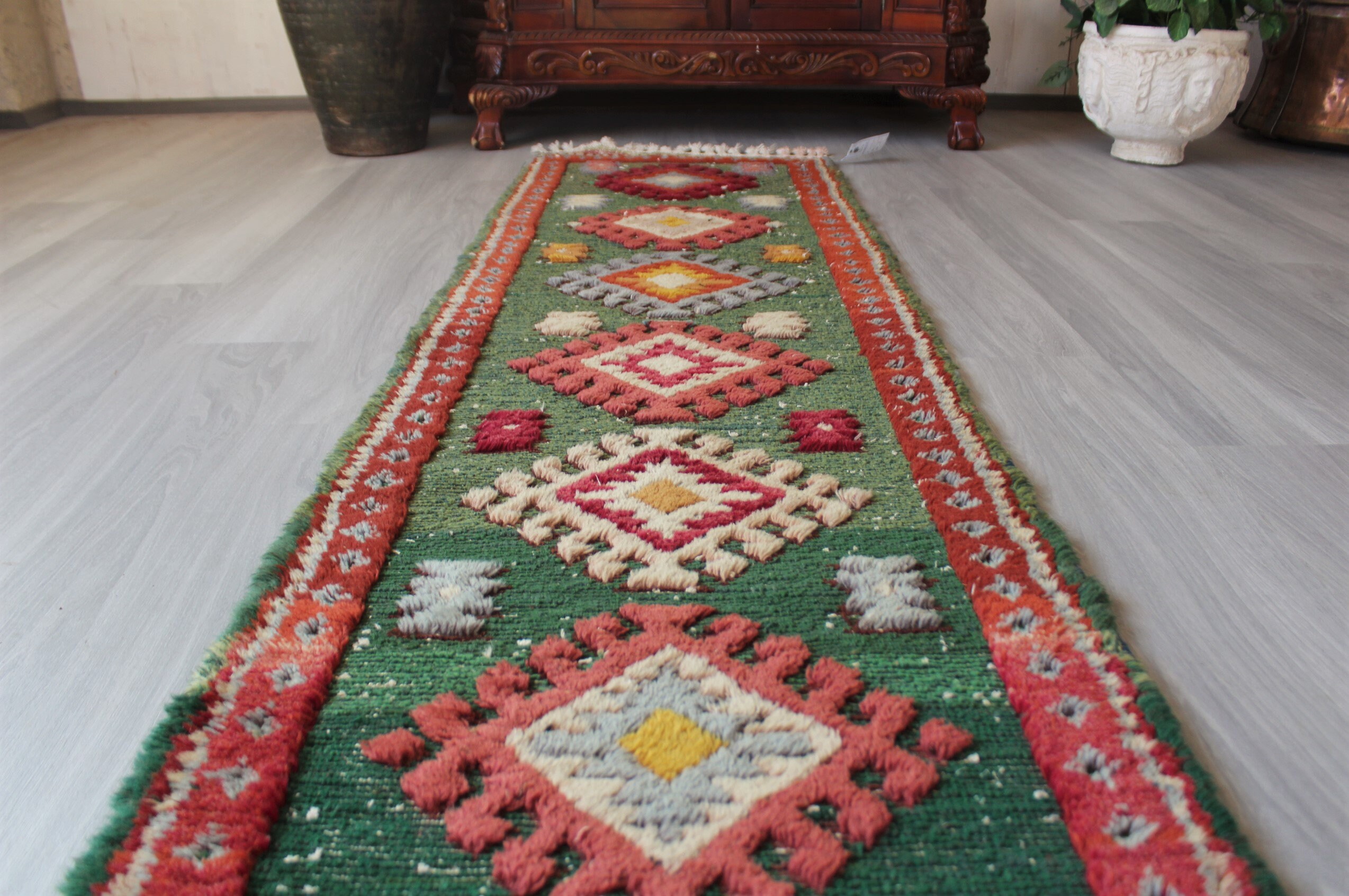 2´x8´5´´ Vintage Green Runner Rug, Handwoven Anatolian Hallway Bohemian