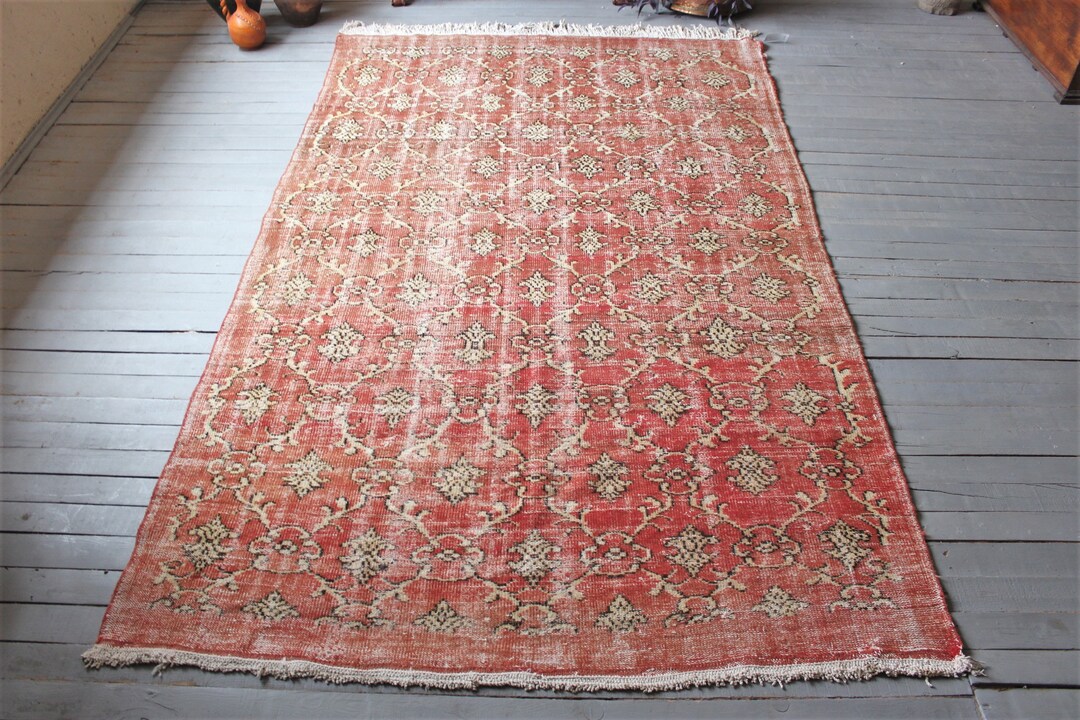 6'3x10'2 Ft Vintage Red Rug, Vintage Oushak Rug, Handwoven Floral Rug, Turkish Rug, Anatolian