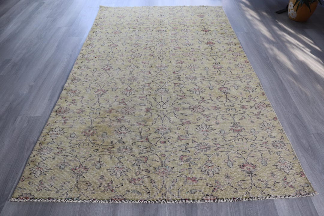 Muted Yellow Rug , Large Pale Yellow Rug, Vintage Pale Rug , 5'x8'6 ...