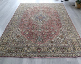 Muted Red Medallion Low Piled Persian Style Large Vintage Rug , 6'2''x9'4'' / C-6285