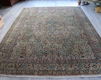 8'6''x11'8'' Antique KIRMAN Rug, Soft Sage  Rug,  Rug , Large Medallion Rug, Mute Area Carpet / C-6279