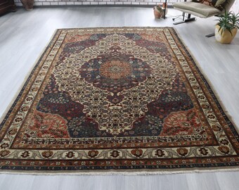 Large Traditional Turkish Rug, Teal Accent Rug, Classic Medallion Rug , Dense Floral Rug , 6'5''x9'1'' / C-6296