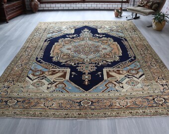 Navy  Medallion Rug, Vintage Turkish Low Piled Muted Handwoven Rug , 8'x10'8''  / C-6284