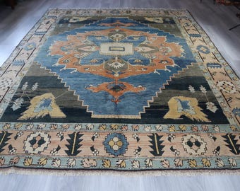 Blauwbeige vloerkleed, groot Oushak-tapijt, vintage vloerkleed, blauw medaillon, vloerkleed woonkamer / C-6204/8'7''x11'8''