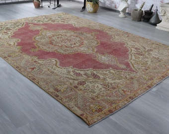 Camel - Deep Rose Medallion Low Piled Large Turkish Rug ,