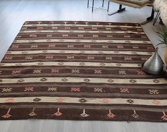 Alfombra Kilim de rayas marrones de 1,93 m x 2,38 m, estilo bohemio, vintage, marrón / N-2067 / 195 x 233 cm
