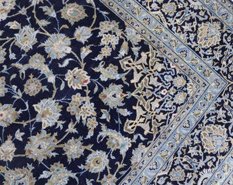 Vintage  Navy Blue Floral Rug, Ivory and  Blue Patterned Turkish Rug , Dense allover floral pattern Area Rug 8'4''x11'7''