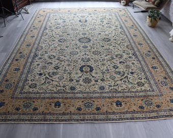 Vintage Oushak Rug, Large Beige Allover Floral Handwoven Rug / 10'x14' / C-6305