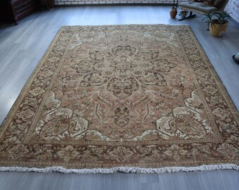 8'x10'7'' Soft Terra Cotta , Dusty Blue Medallion Rug , Large Oushak Rug, Vintage Turkish Rug / C-6278
