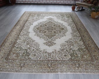 Vintage Beige Medallion Rug ,6'7''x11'  Botanical Medallion Rug, Traditional Turkish Rug ,7'x11' rugs / C-6273