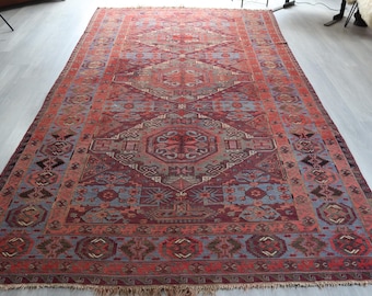 6'2''x12'2'' Soumak Rug, Vintage Caucasian Kilim Rug , Large Bohemian Red Rug / N-2079 / 190x372 cm