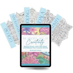 Könnte beinhalten: Ein schwarzes Tablet zeigt das Cover des Buches "The Mindful Art of Creativity" mit floralen Illustrationen. Hellblaue Banner mit Wörtern wie "Color" und "Affirmations" umgeben das Tablet, zusammen mit komplizierten schwarz-weißen Mandala-Designs.