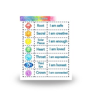May include: A white card with a rainbow watercolor header that reads "Matching Game." The card features seven chakra symbols with corresponding affirmations: "I am safe," "I am creative," "I am enough," "I am loved," "I am expressive," "I am honest," and "I am connected."