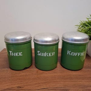 Vintage Green Enamel Storage Tins - Coffee - Tea - Sugar - Kitchen / Collecting