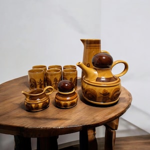 Op de afbeelding: Een vintage keramische theeset in bruin- en beigetinten, met een theepot, melkkan, suikerpot, kan en acht bijpassende kopjes. De set heeft een decoratief wervelpatroon en staat op een houten tafel.