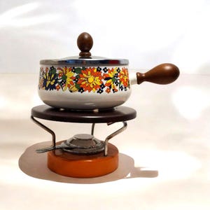 Vintage Emaille Fondue Set - Bloemen Decor - Retro - Keuken -