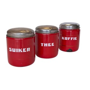 Vintage Enamel Storage Tins - Coffee - Tea - Sugar - Red