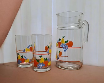 Retro or Vintage Glass Juice Pitcher Italy with 2 Glasses - Lemonade - Summer - Cheerful - Collecting - Decorative - Fruit - Juice - Serving