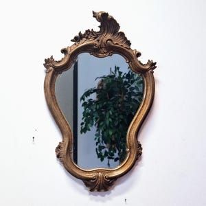 Puede incluir: Espejo de pared dorado y ornamentado con un marco decorativo y ondulado. El espejo tiene una forma curva &uacute;nica y refleja una planta verde. El marco presenta detalles florales y de volutas, lo que aumenta su est&eacute;tica vintage.