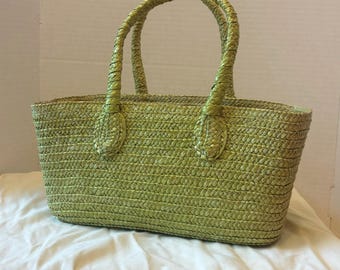 Green Woven Straw Tote Bag - Handmade Summer Beach Bag - Sage Market Basket - Boho Top Handle Purse - Artisanal Natural Fiber Handbag - Gift