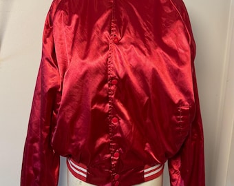 Vintage Red Satin Bomber Jacket | Blank Varsity Snap Button Jacket | Red and White Striped Trim Track Jacket | Retro Streetwear Outerwear