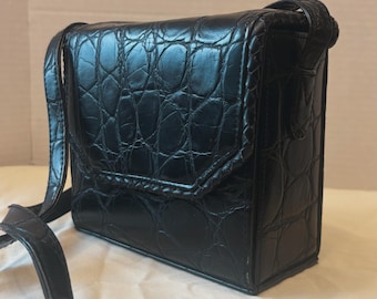 Black Faux Crocodile Leather Crossbody Bag, Vintage Small Square Shoulder Bag, Croc Embossed Leather Purse for Women, Authentic MC bag