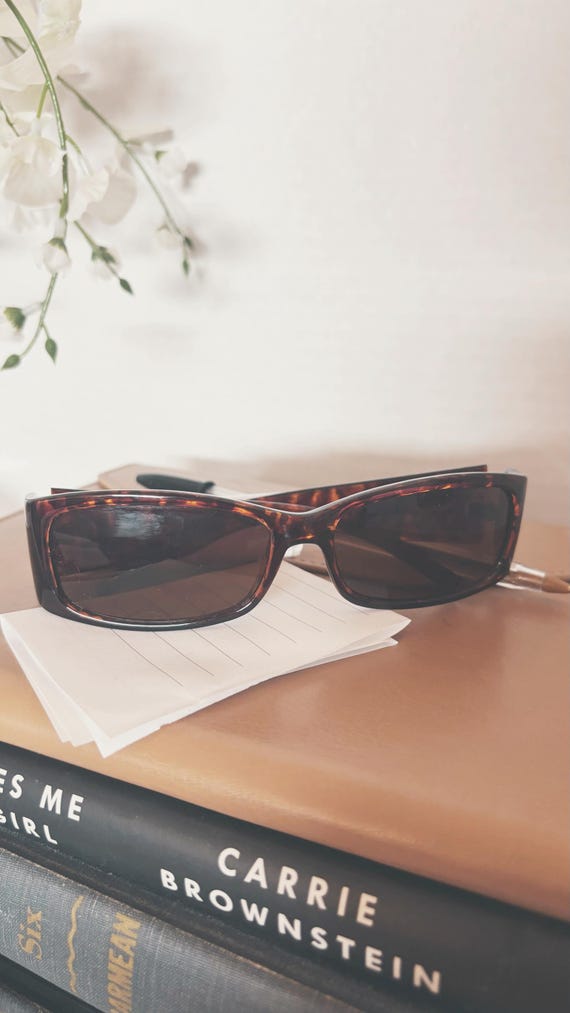 Vintage 90s Tortoise Shell Rectangular Sunglasses… - image 1
