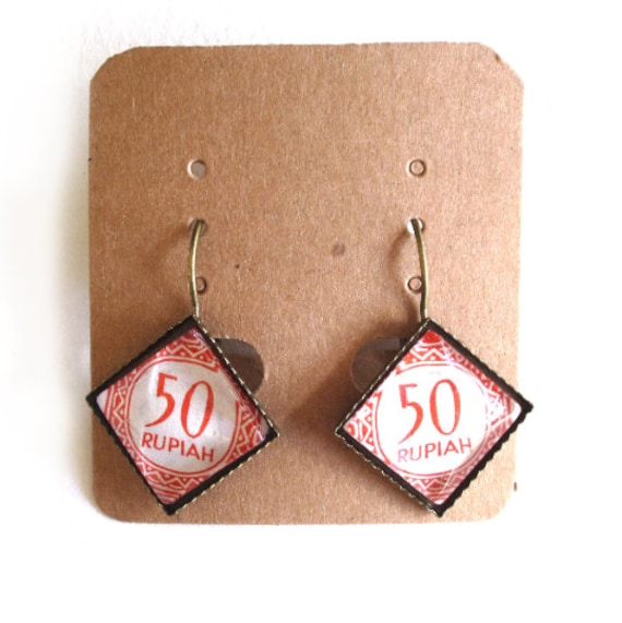 Postage stamp earrings - Asia, Africa, Indonesia