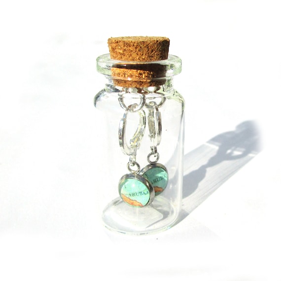 World map earrings in bottle