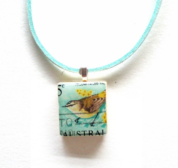 Personalized scrabble tile postage stamp necklace - Oceania