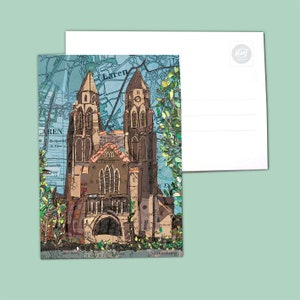 May include: A postcard featuring a collage of a church building with a map background. The church is brown and has two towers. The map is blue and green and has the words "Laren" and "Spakenburg" on it.