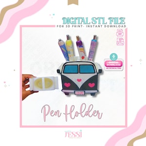 May include: A white and black pen holder shaped like a van with a heart design and the word "LOVE". The pen holder contains several pens with colorful designs. The image also includes the text "DIGITAL STL FILE" and "Pen Holder".