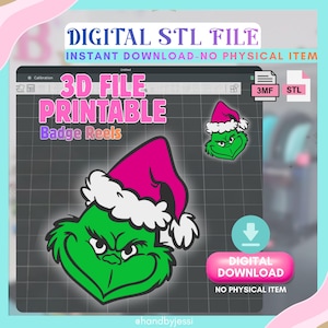Archivo para impresión 3D de un carrete porta-insignias navideño del Grinch (descarga digital)