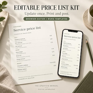 May include: An editable price list kit featuring a printed document and a smartphone screen displaying a service price list for a studio. The text includes headings like Service price list, Nails, Brows, and Makeup with various service options and prices.