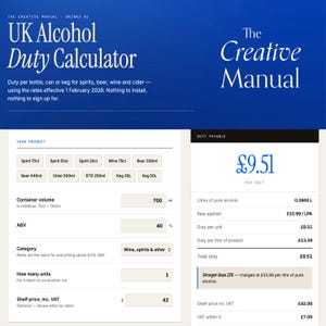Può includere: Un'interfaccia digitale per il calcolatore delle accise sull'alcol nel Regno Unito di The Creative Manual. Lo schermo mostra campi per volume, gradazione alcolica, categoria e unità, con un riepilogo che indica un'imposta totale di 9,51 £.
