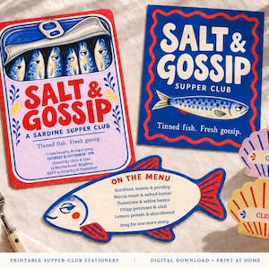 May include: A set of printable stationery for a supper club featuring a rectangular invitation shaped like a sardine tin, a blue rectangular card, a fish-shaped menu, and two shell-shaped place cards labeled Olive and Cleo with red and blue text.