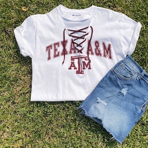 A&M white tee lace up with maroon knit self ties