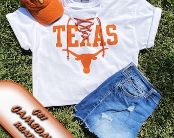 UT white tee lace up with burnt orange self ties.