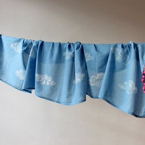 Organic Cotton Summer Scarf: Natural Indigo Cloud Design with Pom Poms