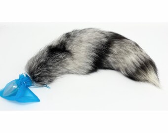 19-20” SUPER Long, Natural INDIGO fox tail butt plug! Your choice of Medium or Large Stainless Steel Butt plug