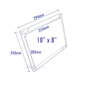 May include: A clear acrylic picture frame with a 10" x 8" opening. The frame is 294mm wide, 254mm high, and 243mm deep. The frame has a beveled edge and is designed to stand upright.