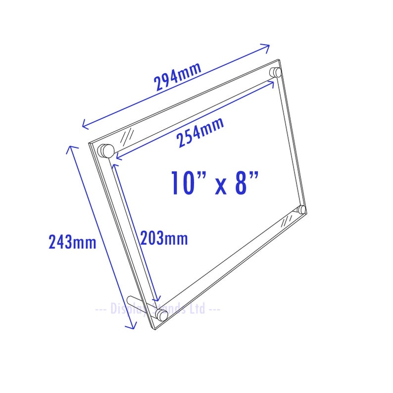 May include: A clear acrylic picture frame with a 10" x 8" opening. The frame is 294mm wide, 254mm high, and 243mm deep. The frame has a beveled edge and is designed to stand upright.