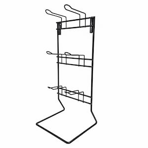 May include: A black metal display rack with multiple shelves and hooks. The rack has a rectangular frame with a base and is designed to hold various items. The hooks are at the top, and the shelves are spaced down the frame.