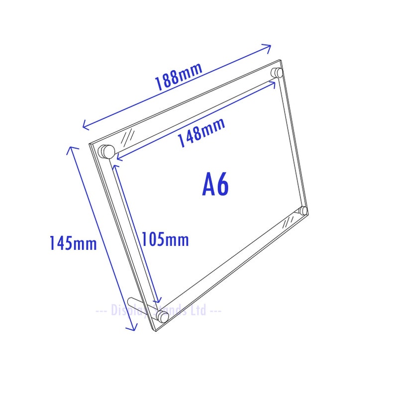 May include: A clear acrylic picture frame with measurements in inches. The frame is designed to hold a standard A6 size print. The frame is 14.5 inches tall, 10.5 inches wide, and 18.8 inches long.