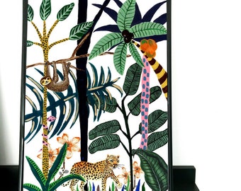 Jungle print hand painted, digitally printed, interiors print, A5, A4, A3, tropical print, interior, print design, animal print