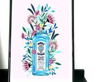 Gin print, gin floral print, hand painted, gin painting, A5, A4, A3, handmade, gin illustration, Bombay Sapphire gin print, alcohol print