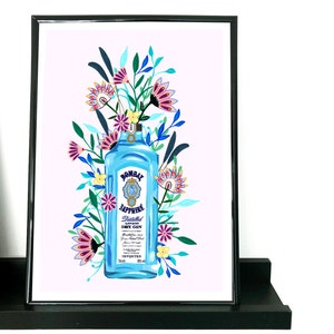 Gin print, gin floral print, hand painted, gin painting, A5, A4, A3, handmade, gin illustration, Bombay Sapphire gin print, alcohol print