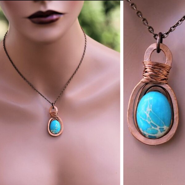 Jasper jewelry, Hammered Copper jewelry, Blue Jasper, Blue Sea Sediment, Copper necklace, Healing crystals, Hammered Copper, Gift for her