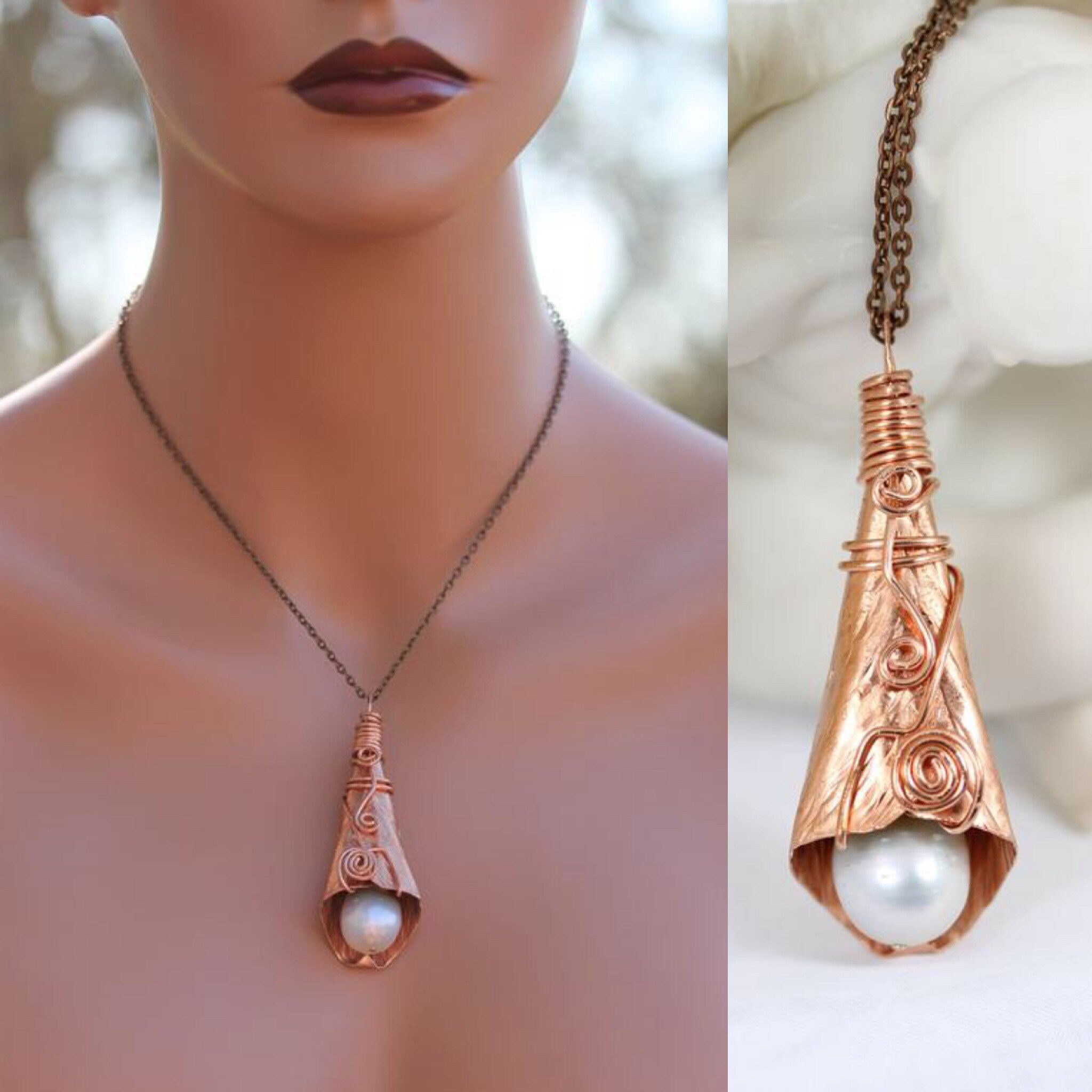 Hammered Copper Necklace Copper Jewelry Pearl on Hammered Etsy